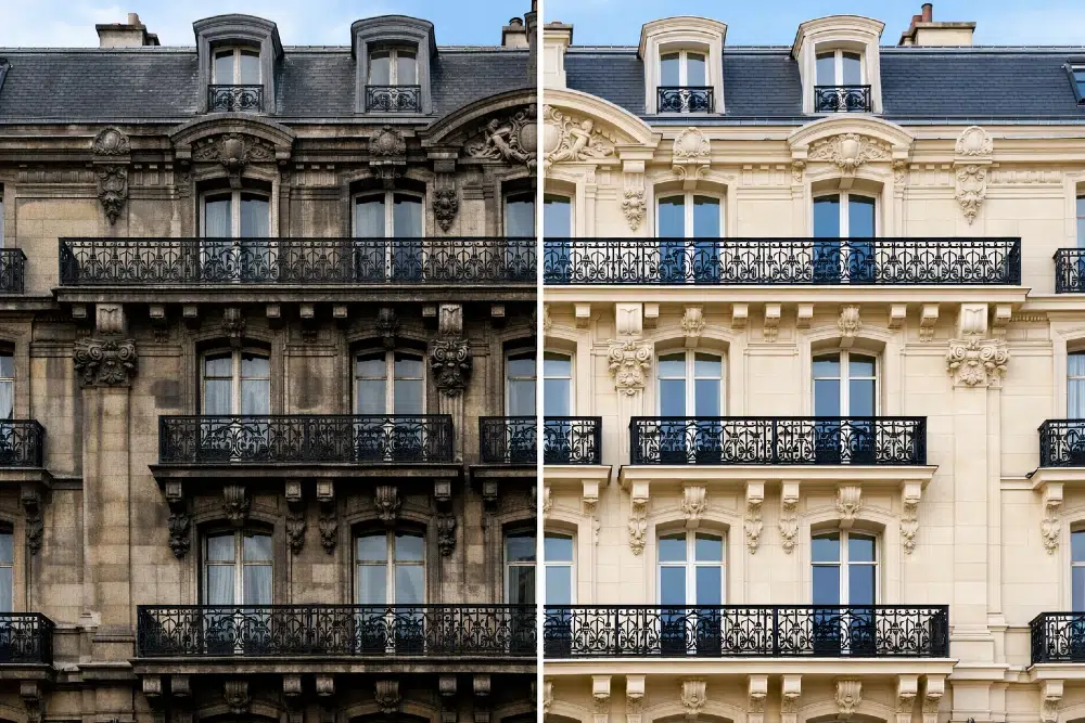 Avant et après sablage d’une façade haussmannienne en pierre de taille à Paris, montrant le nettoyage et la restauration de la pierre