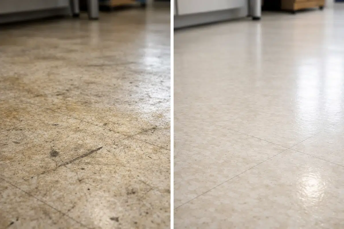 Sol PVC encrassé avant nettoyage avec bicarbonate et vinaigre blanc - résultat après nettoyage