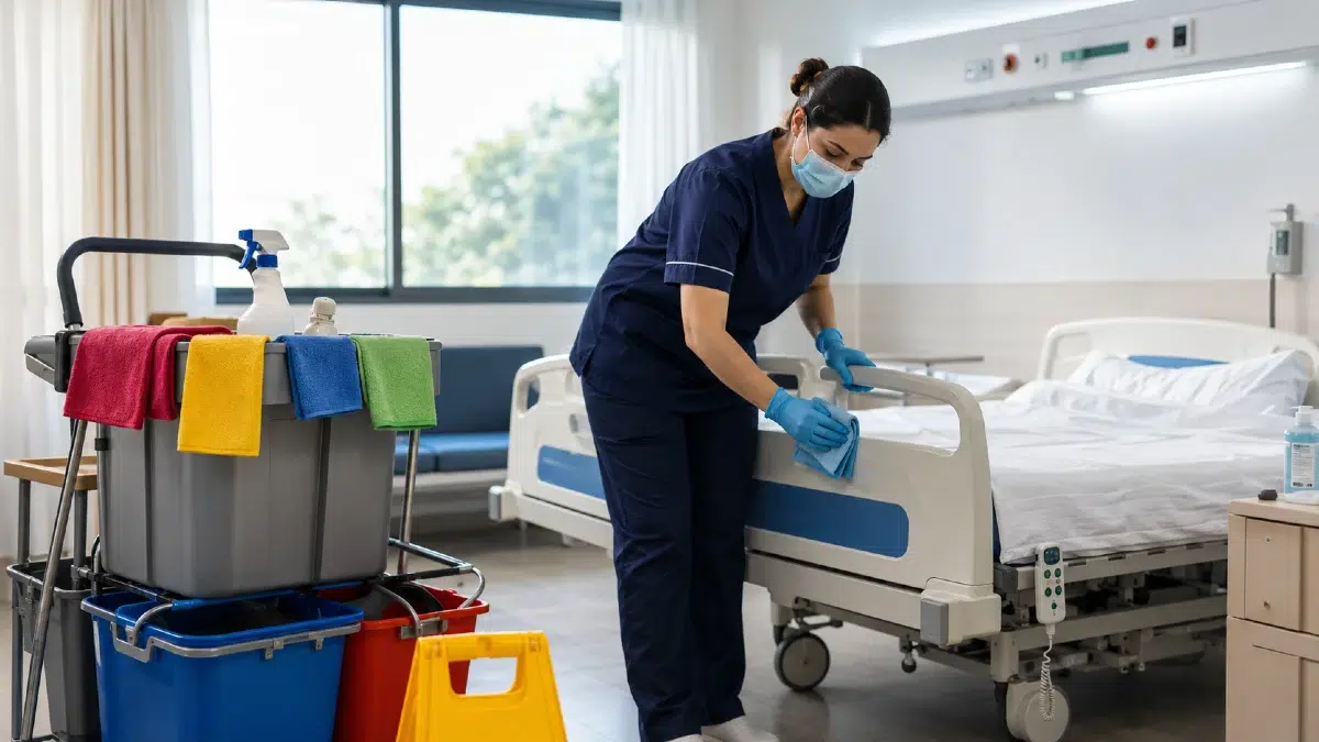Agent Nova Hélios réalisant le bionettoyage d'une chambre de patient à l'hôpital avec chariot double bac microfibre