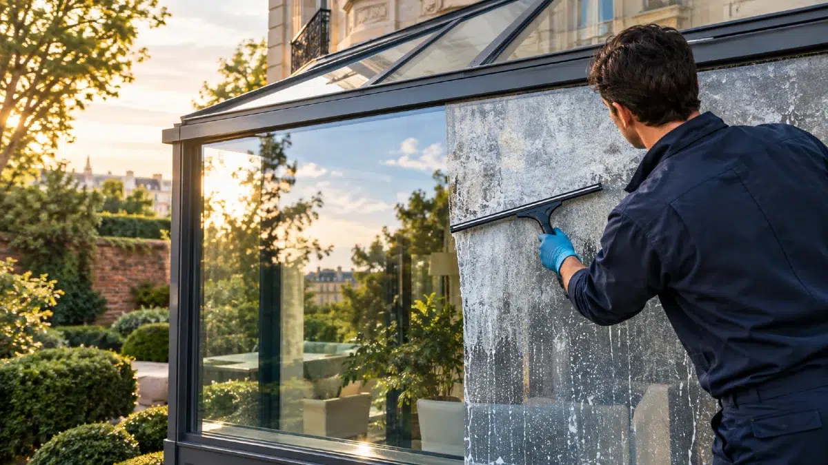 Nettoyage professionnel des traces de calcaire sur vitres de véranda extérieure