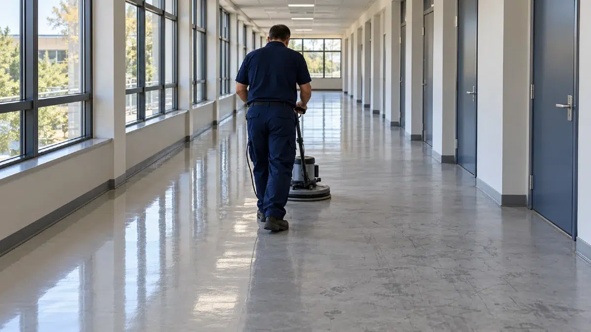 Agent passant la monobrosse lors de la métallisation d'un sol PVC de couloir, moitié brillante et moitié terne